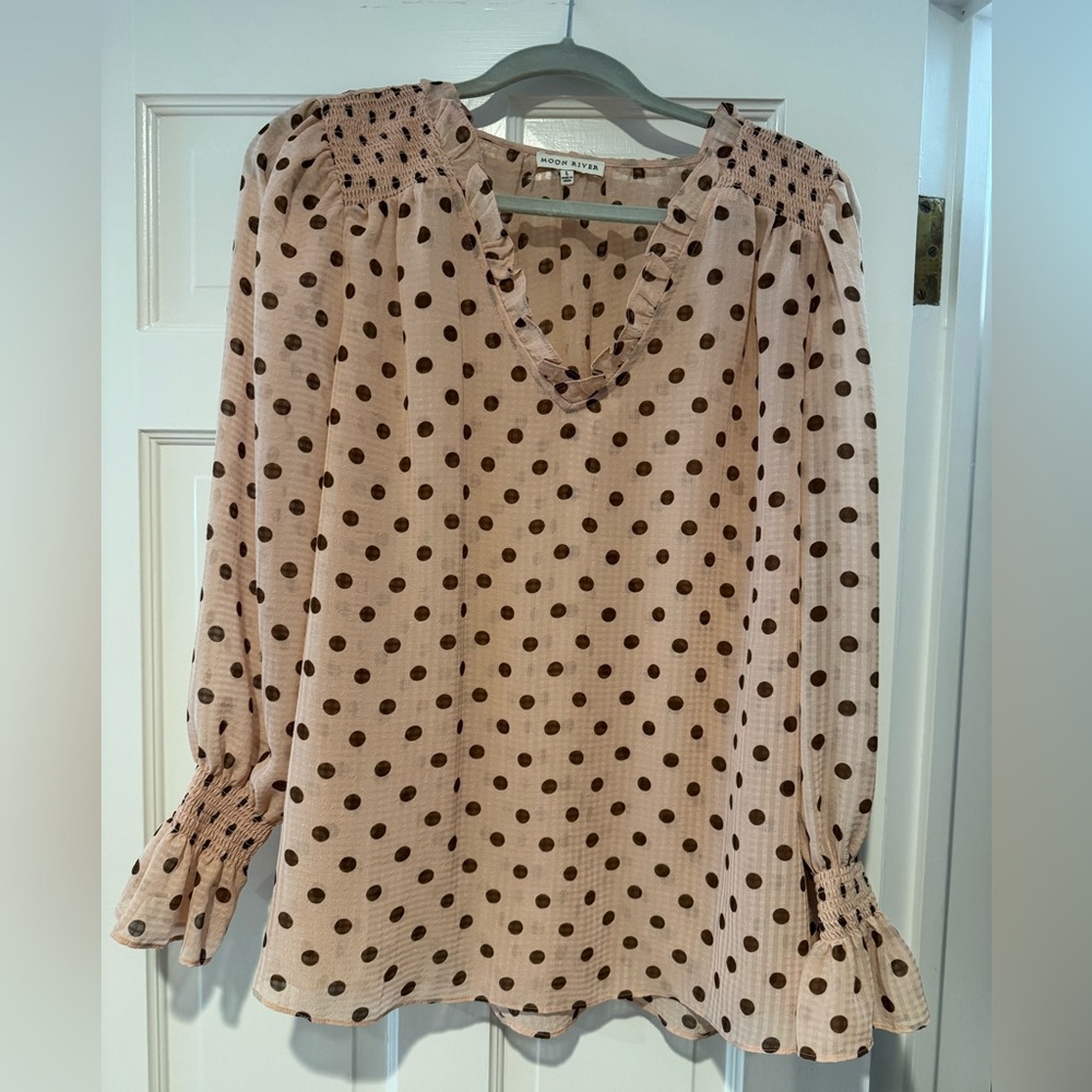 Moon River Cream and Brown Polka Dot Blouse